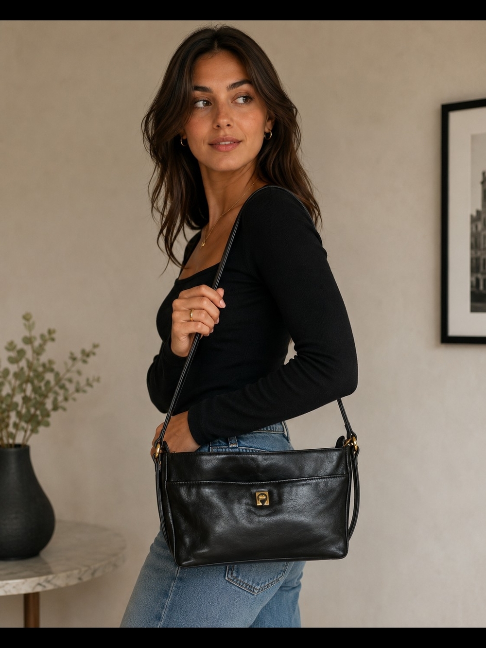 Etienne Aigner Black Leather Shoulder Bag with Gold-Tone Hardware